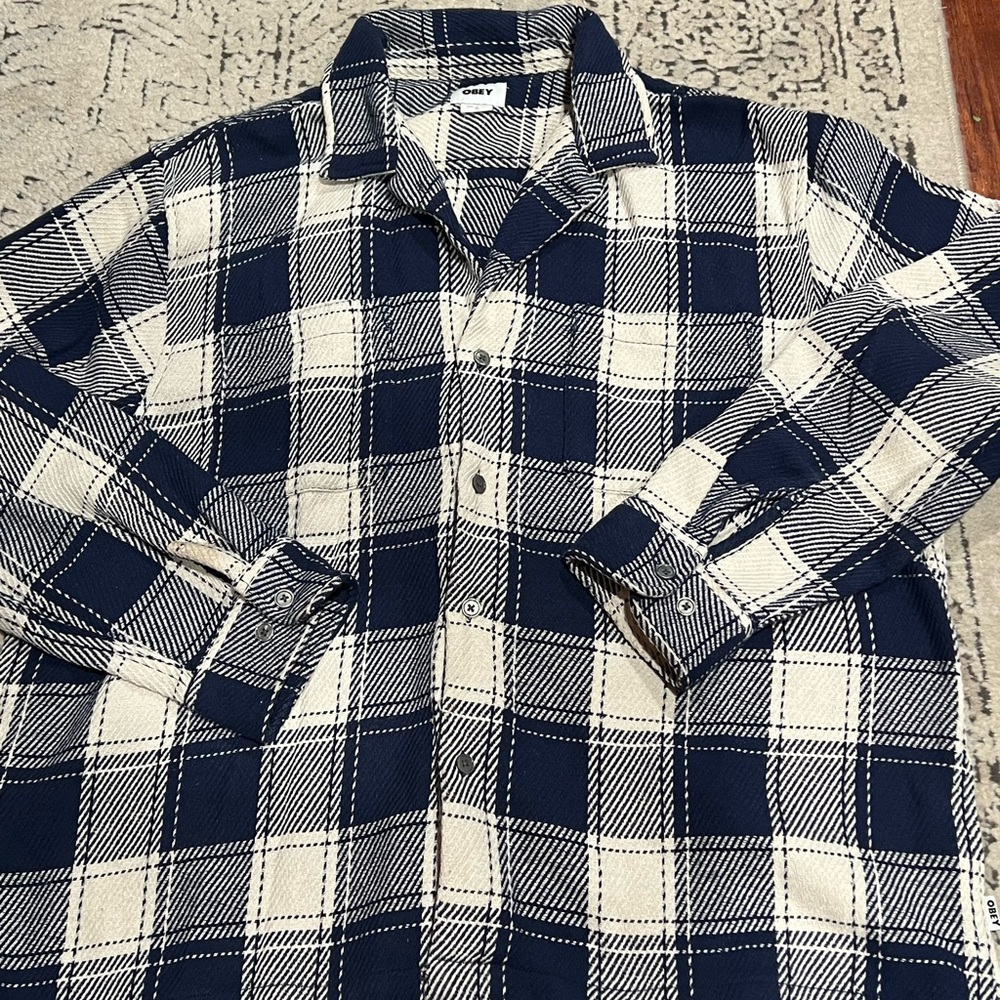 Official Obey Navy and Cream Checkered Flannel- XL